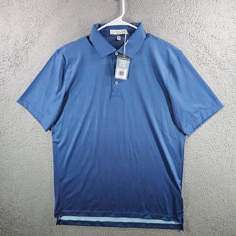 Henry Dean Mens Blue Geometric Print Short Sleeve Polo Large NWT NEW